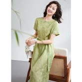 Womens Silk Jacquard Midi Dress Belted Waist Short Sleeve Green Silk Dress